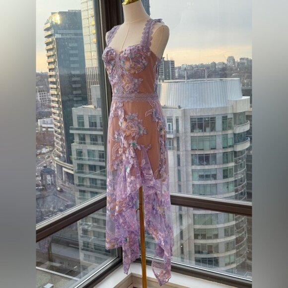 🆕 BRONX & BANCO 🧿 NWOT Eva Embroidered High-Low Midi Dress, Purple Sz M US 6 - Picture 4 of 16